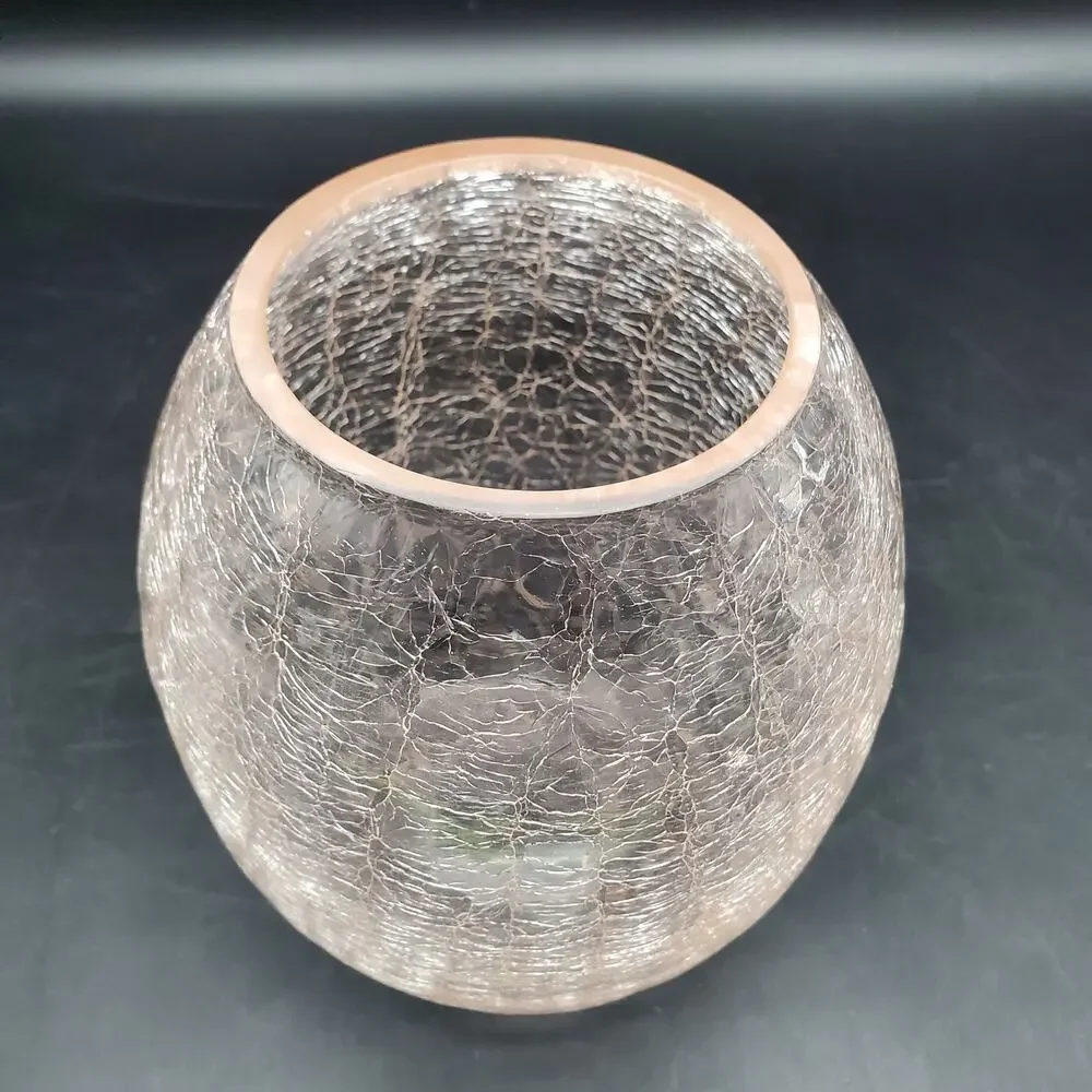 Vintage Light Pink Crackle Glass Vase Hand Blown Art Glass Rounded